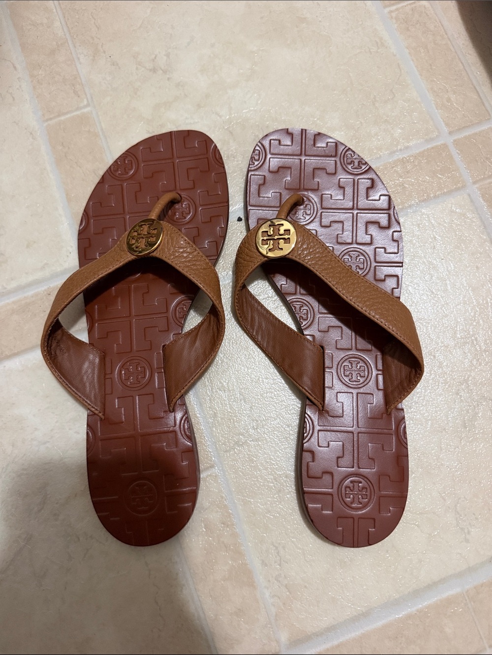 Tory Burch Brown Leather Logo Thong Sandals